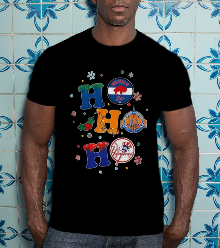 Buffalo Bills New York Knicks Yankees Christmas Ho Ho Ho Snowflakes T-Shirt