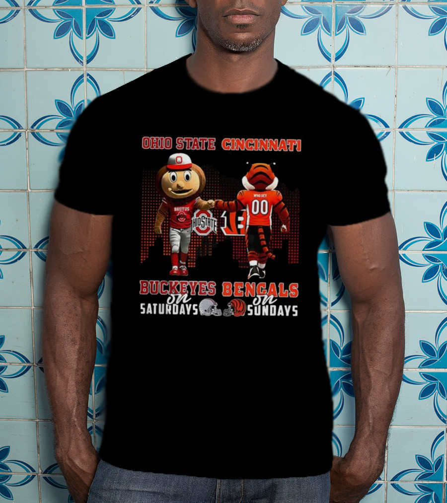Ohio State Brutus Buckeye And Cincinnati Who Dey Bengals Saturdays And Sundays T-Shirt