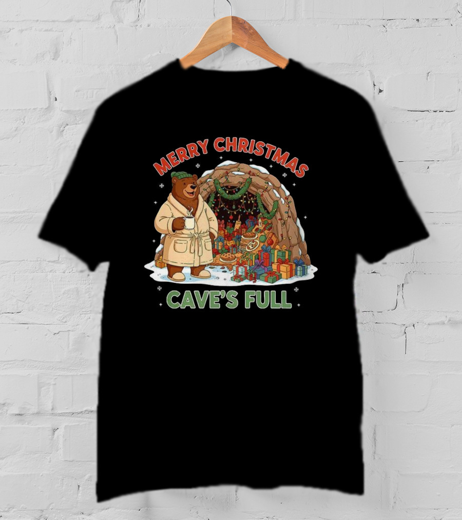 Merry Christmas Bear In Cozy Cave Filled With Gifts T-Shirt