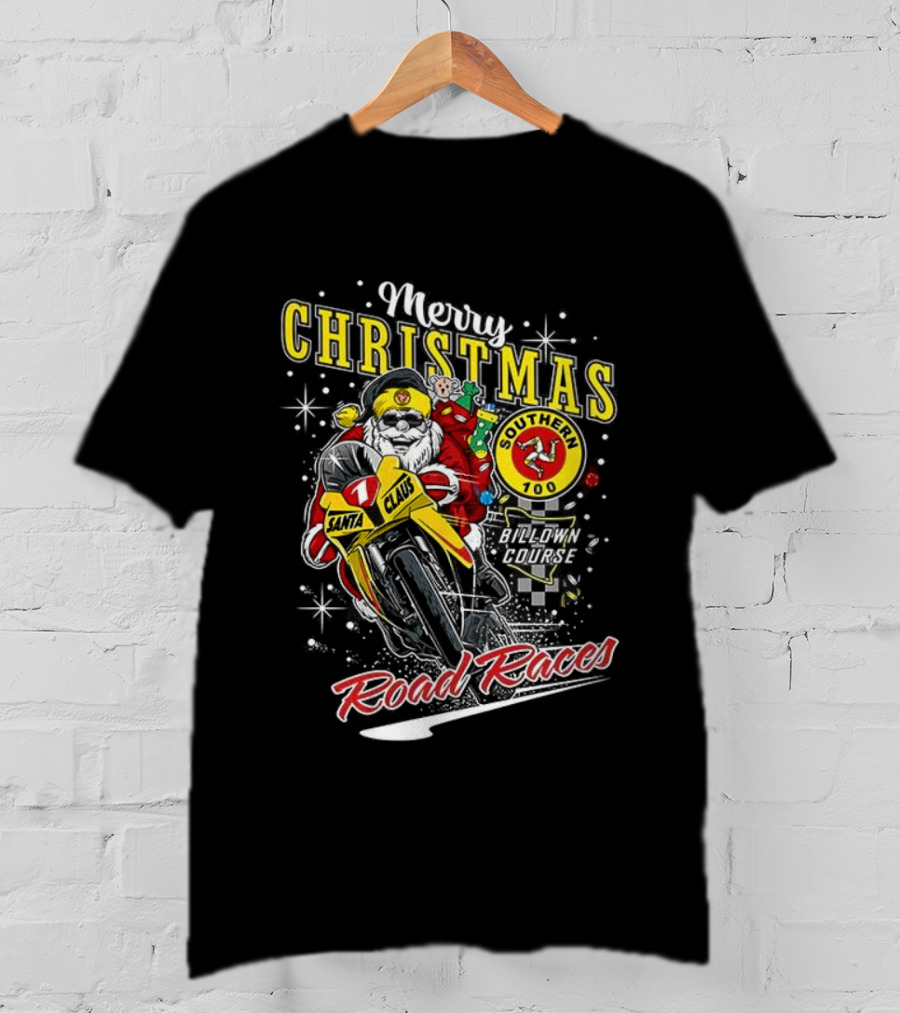 Merry Christmas Santa Claus Motorcycle Road Races Holiday T-Shirt