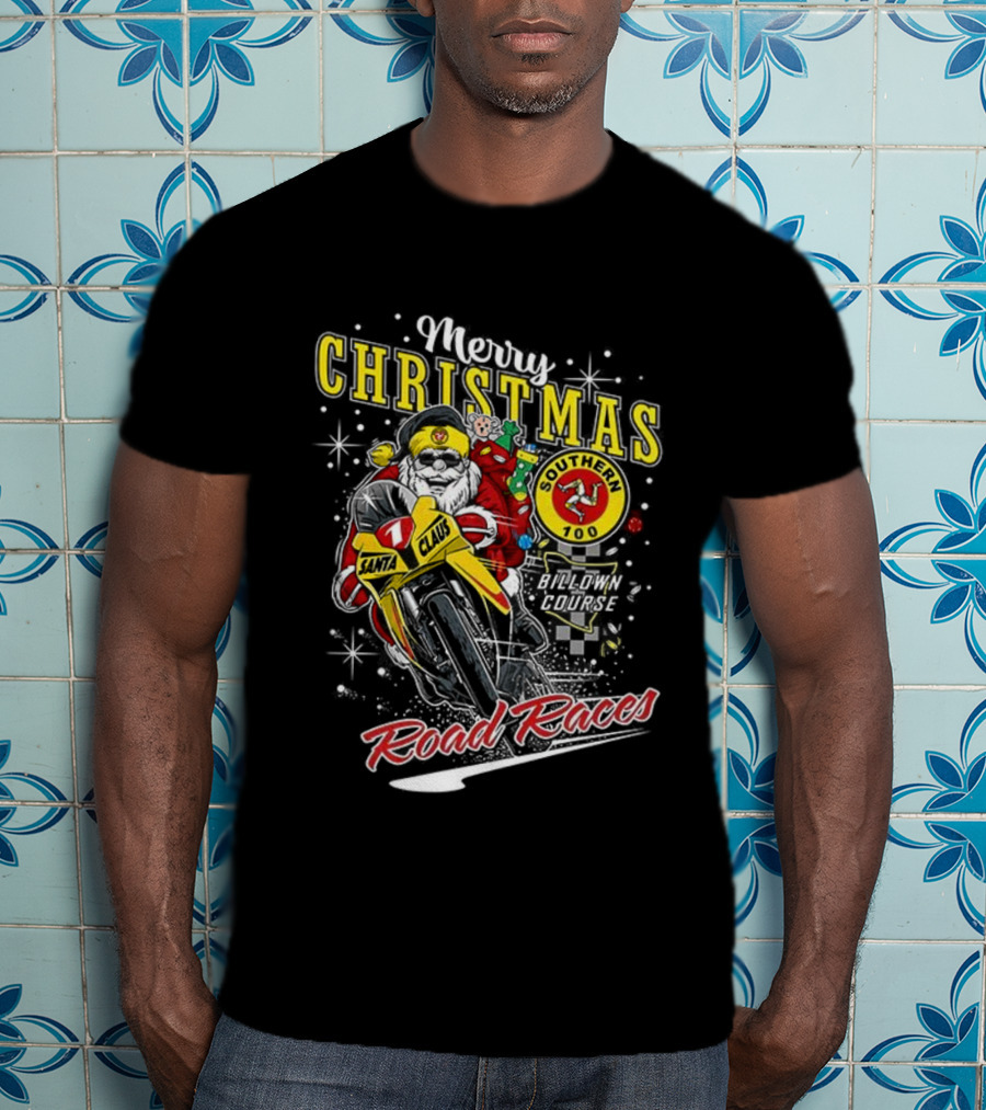 Merry Christmas Santa Claus Motorcycle Road Races Holiday T-Shirt