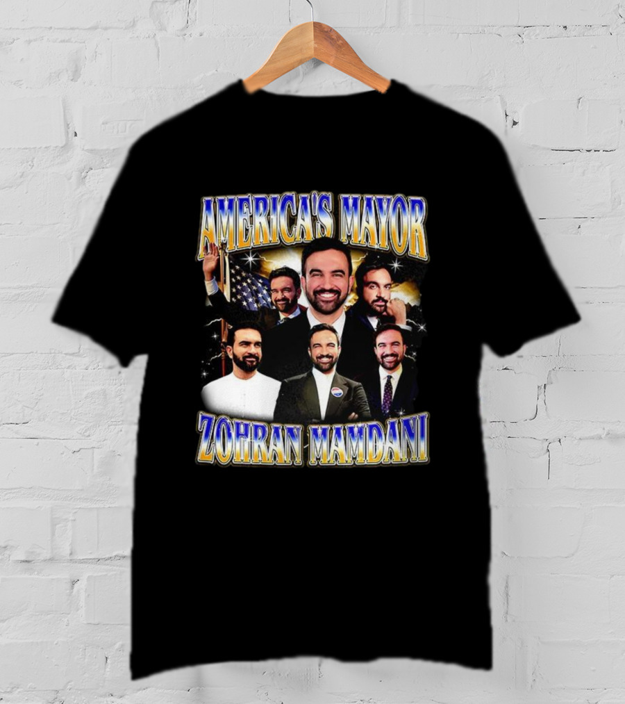 America's Mayor Zohran Mamdani Multiple Portraits With American Flag T-Shirt
