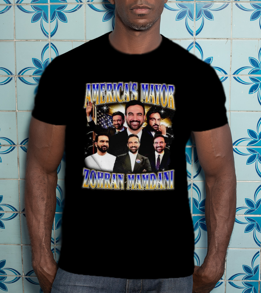 America's Mayor Zohran Mamdani Multiple Portraits With American Flag T-Shirt