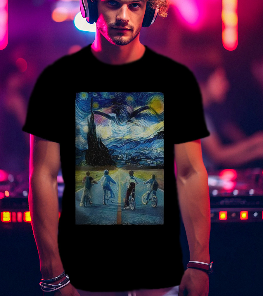 Starry Night Stranger Things Kids On Bikes Van Gogh Style T-Shirt