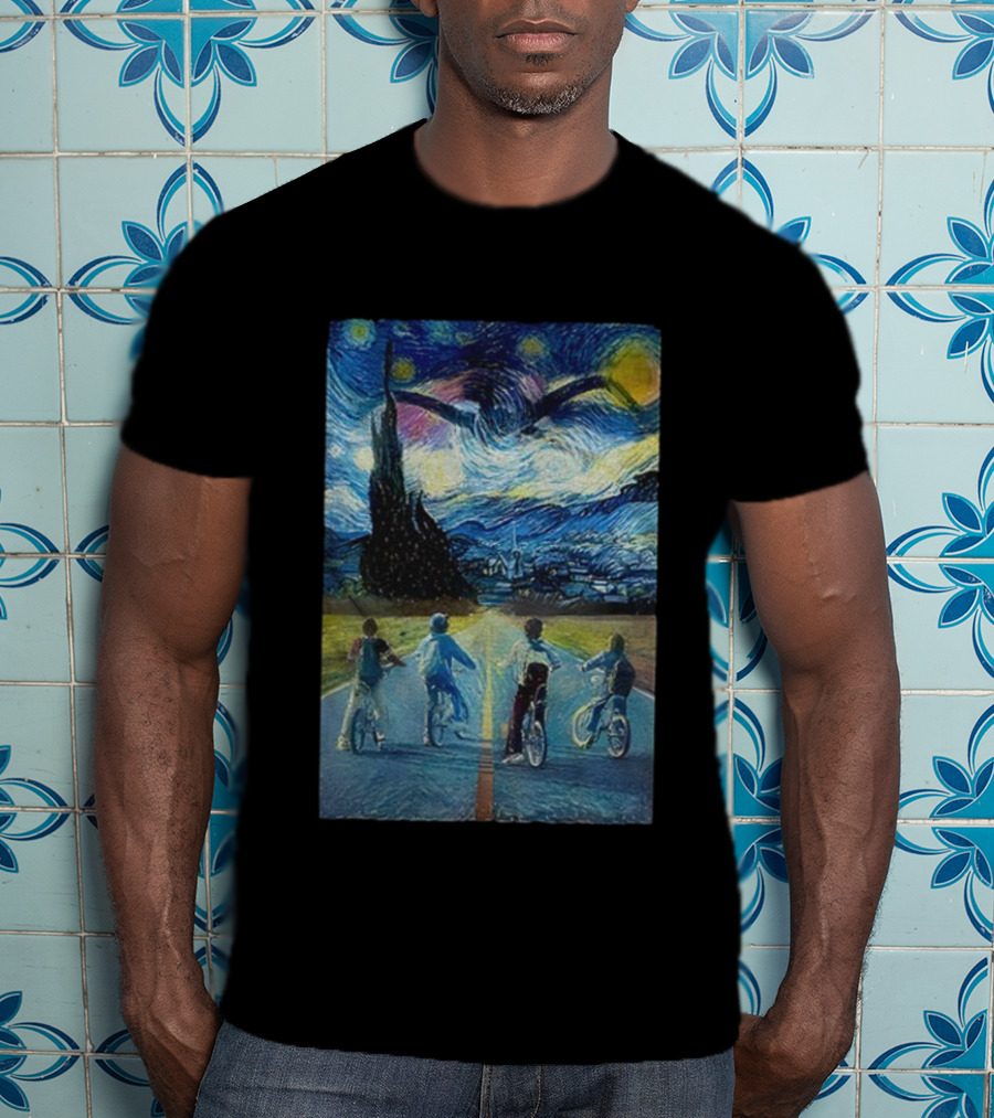 Starry Night Stranger Things Kids On Bikes Van Gogh Style T-Shirt