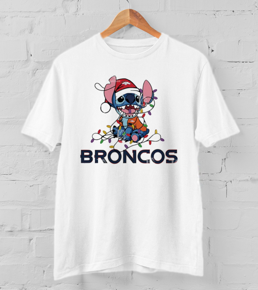 Denver Broncos Stitch Christmas Lights T-Shirt