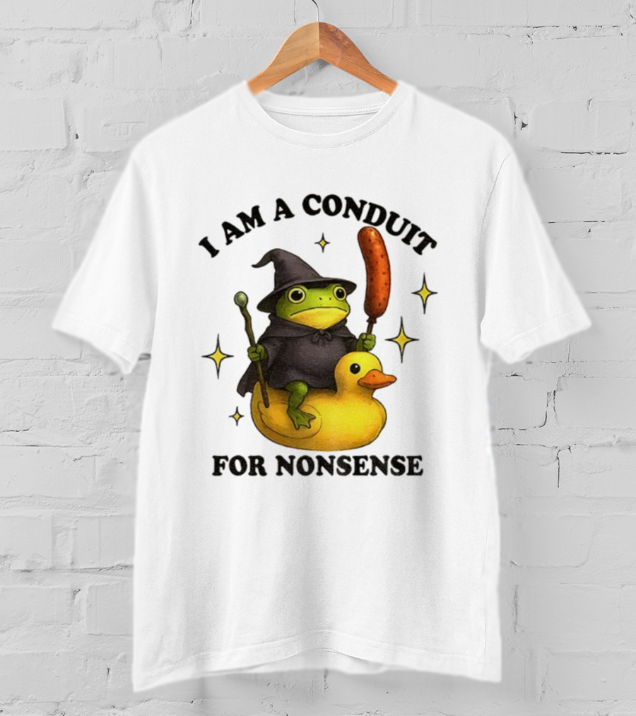 I Am A Conduit For Nonsense Frog On Rubber Duck With Wizard Hat And Sausage Wand T-Shirt