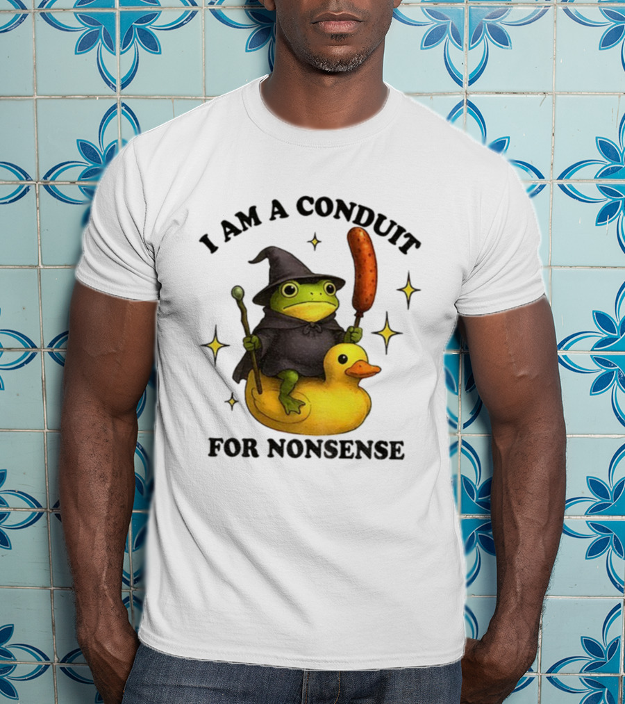 I Am A Conduit For Nonsense Frog On Rubber Duck With Wizard Hat And Sausage Wand T-Shirt