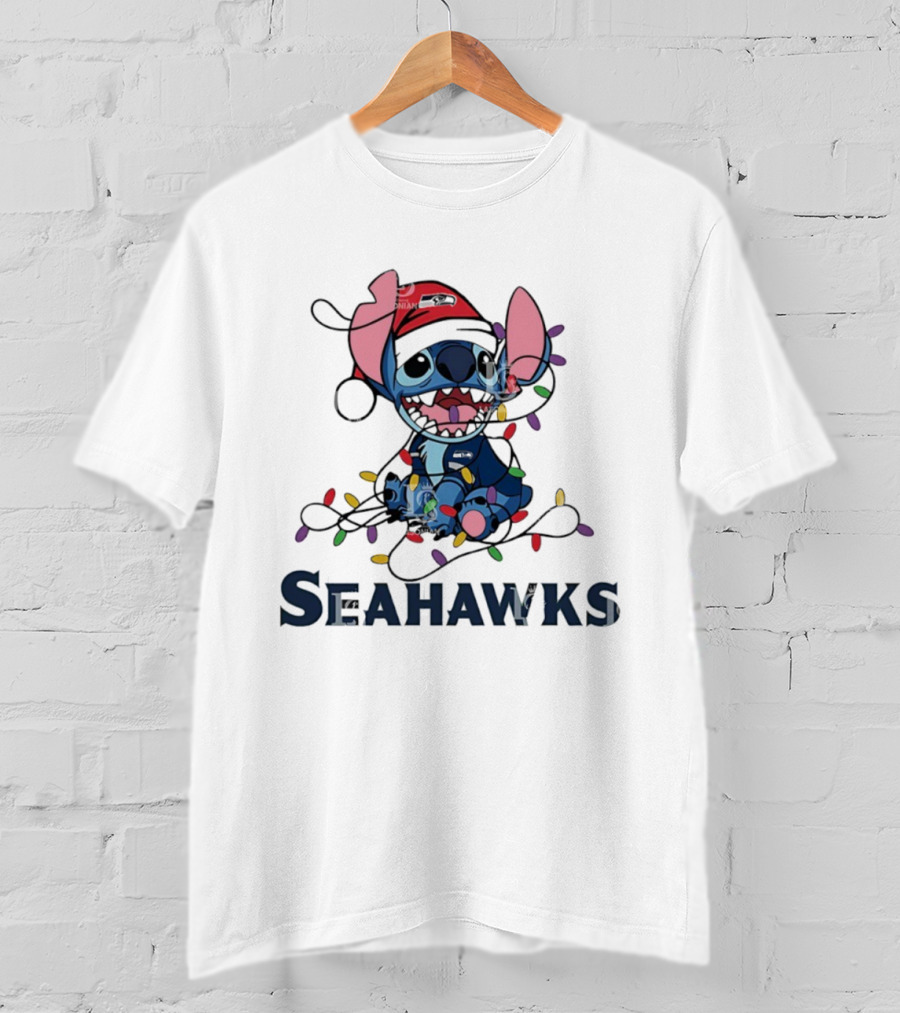 Seattle Seahawks Stitch Christmas Lights T-Shirt