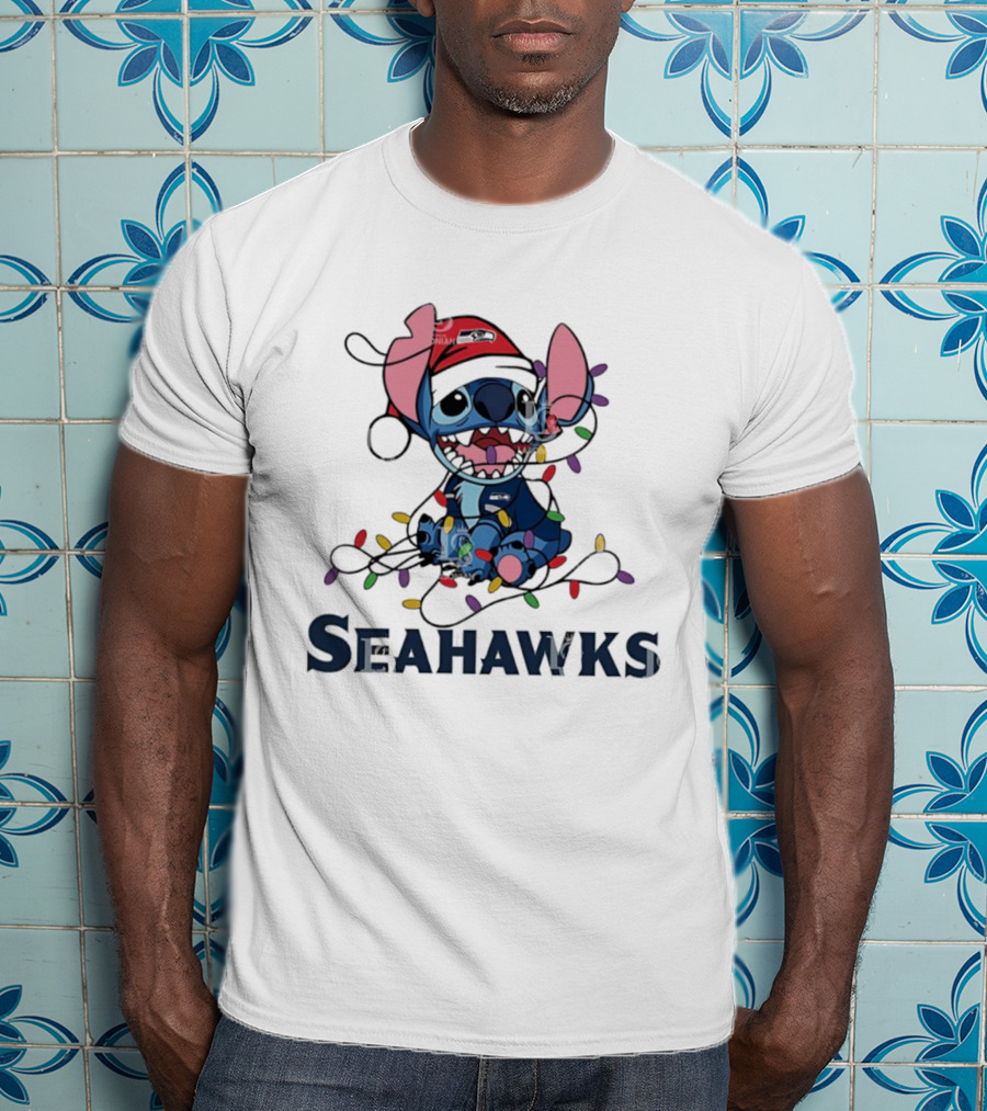 Seattle Seahawks Stitch Christmas Lights T-Shirt