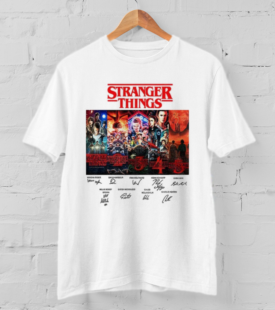 Stranger Things Seasons 1-5 Collage With Cast Signatures And Retro Logo T-Shirt