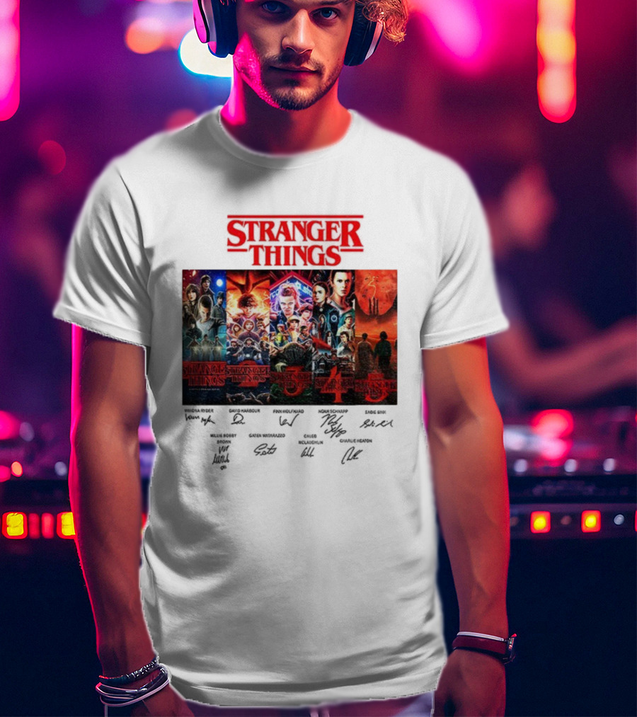 Stranger Things Seasons 1-5 Collage With Cast Signatures And Retro Logo T-Shirt