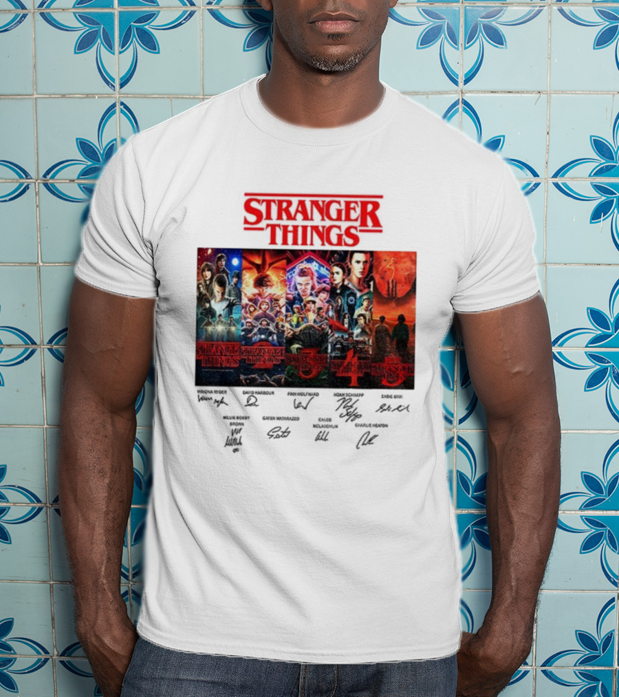 Stranger Things Seasons 1-5 Collage With Cast Signatures And Retro Logo T-Shirt