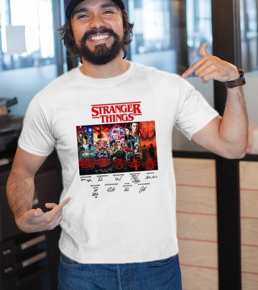Stranger Things Seasons 1-5 Collage With Cast Signatures And Retro Logo T-Shirt