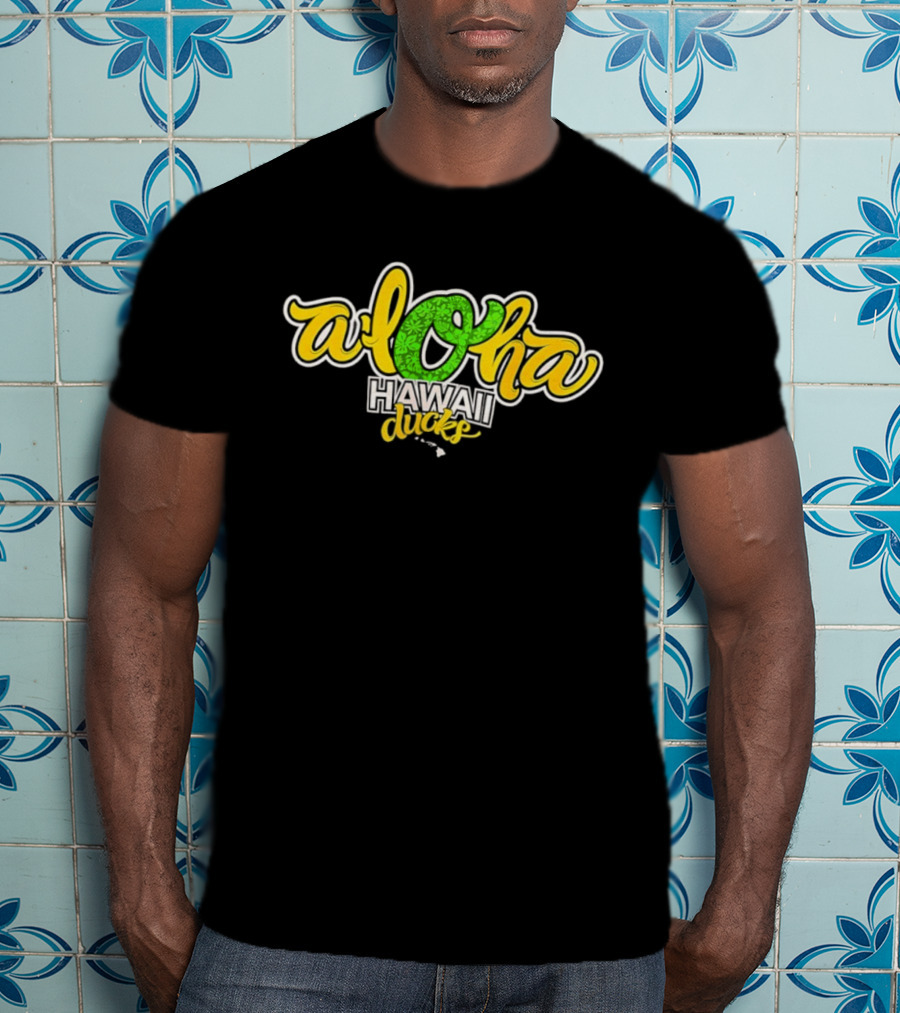 Aloha Hawaii Ducks Text On Green And Yellow T-Shirt