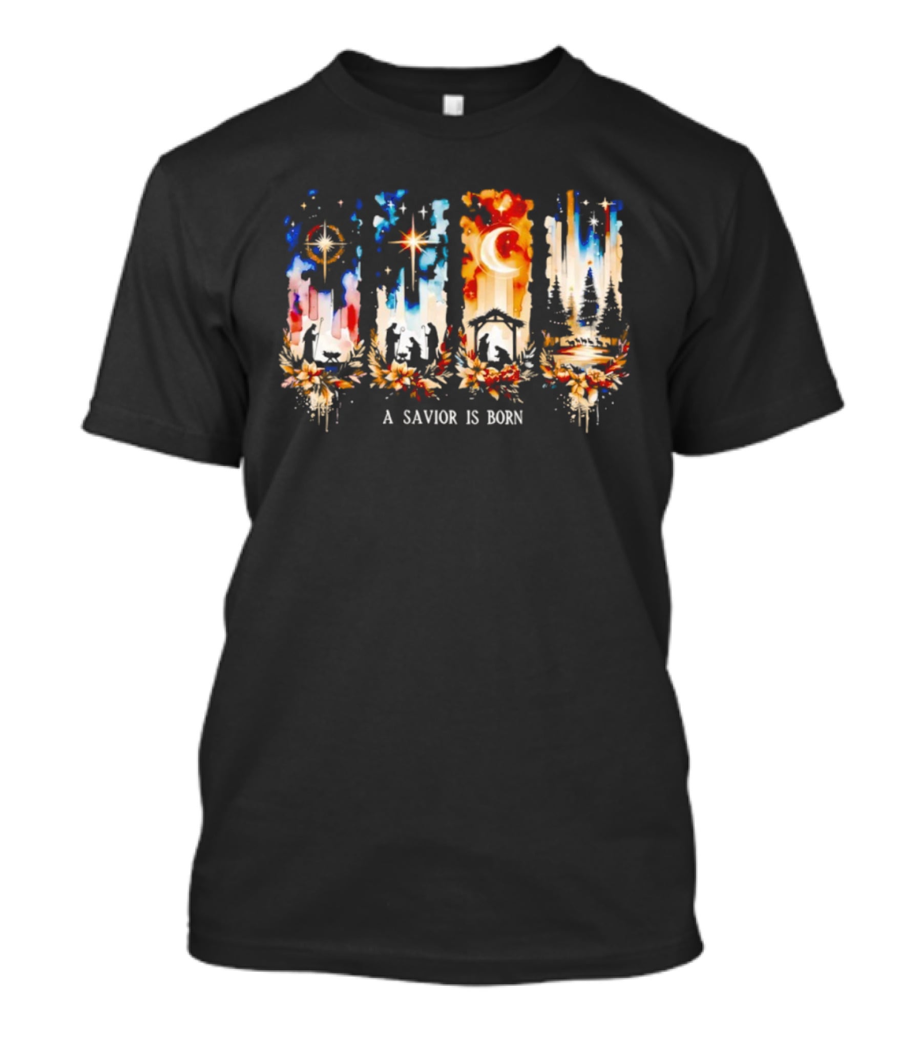 A Savior Is Born Nativity Christmas Scene With Stars And Manger T-Shirt