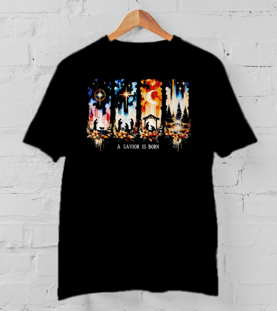 A Savior Is Born Nativity Christmas Scene With Stars And Manger T-Shirt