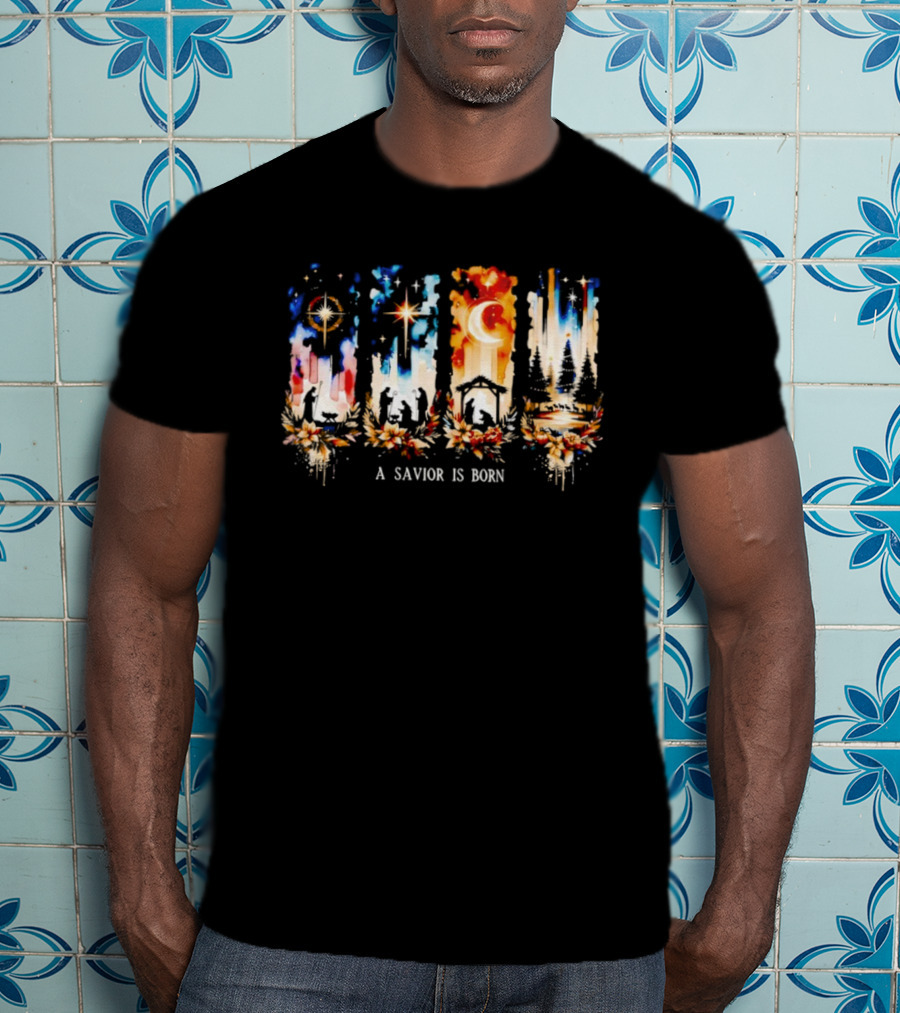 A Savior Is Born Nativity Christmas Scene With Stars And Manger T-Shirt