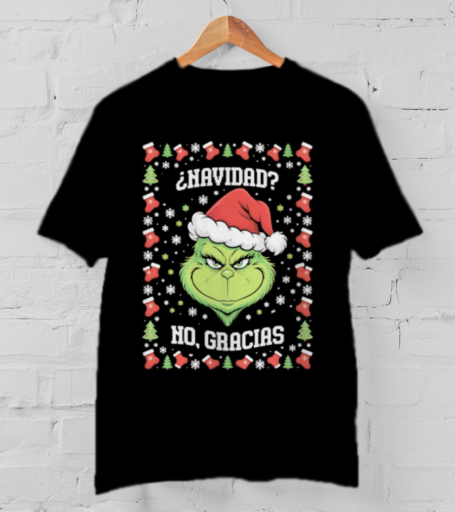 Grinch Navidad No Gracias Christmas Santa Hat T-Shirt