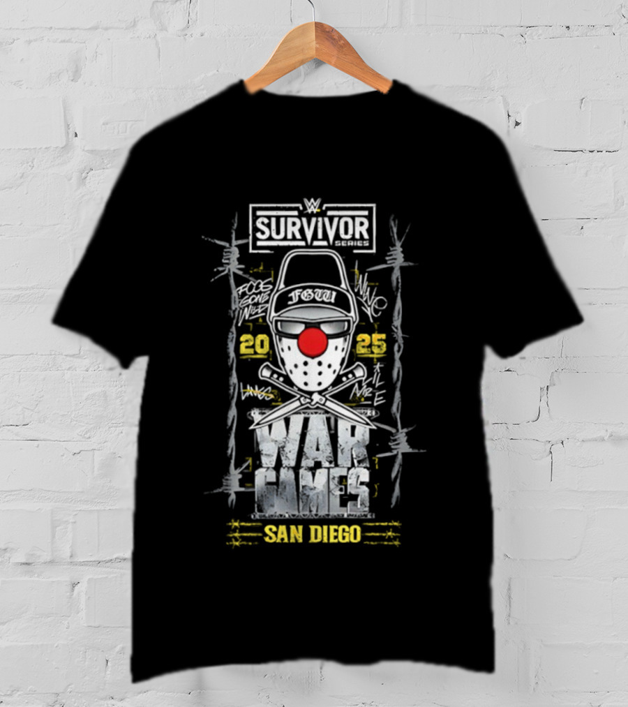 Survivor Series WarGames 2025 San Diego Event WWE Clown Mask Barbed Wire T-Shirt