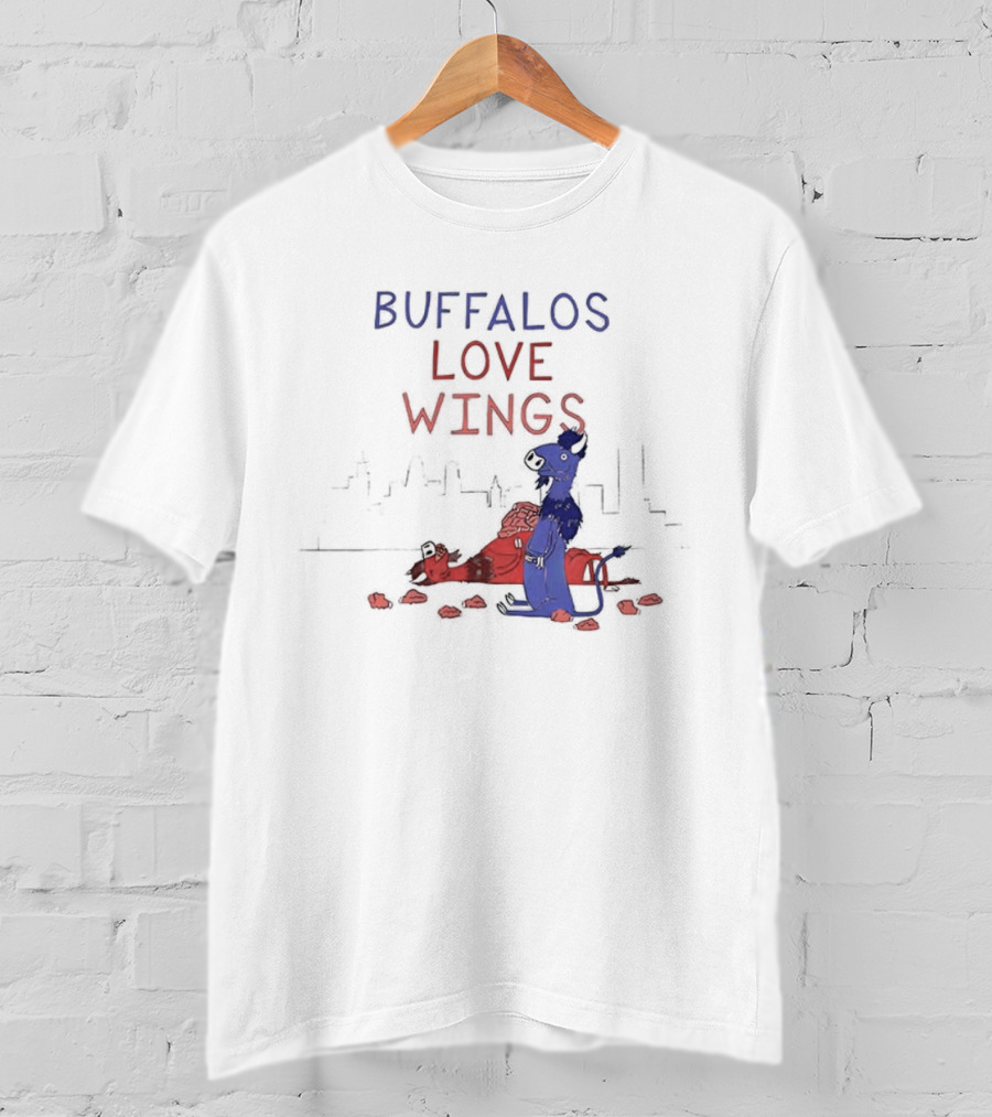 Buffalos Love Wings Cartoon Character Eating Chicken Wing Pile T-Shirt