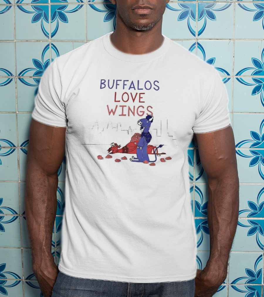 Buffalos Love Wings Cartoon Character Eating Chicken Wing Pile T-Shirt