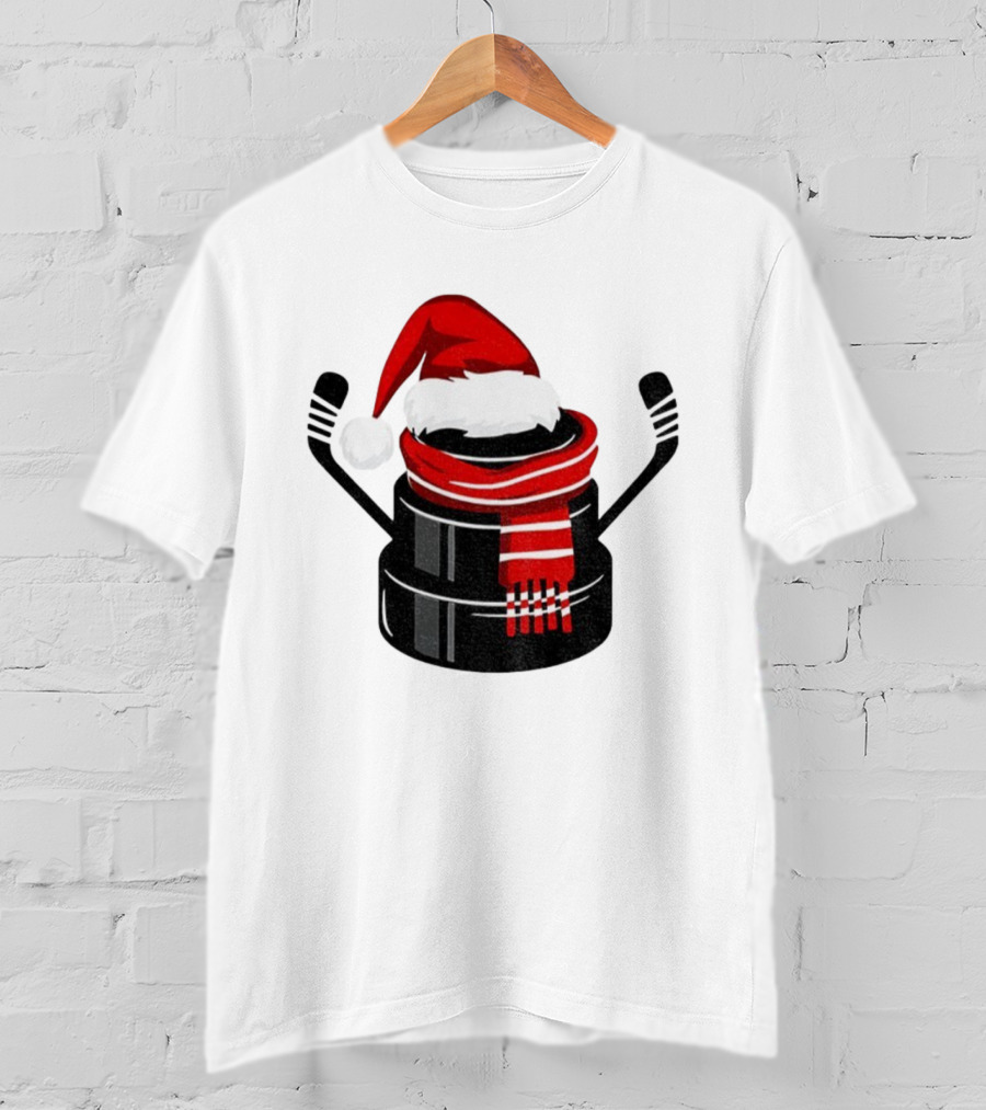 Hockey Puck Santa Hat Merry Christmas Festive Holiday T-Shirt