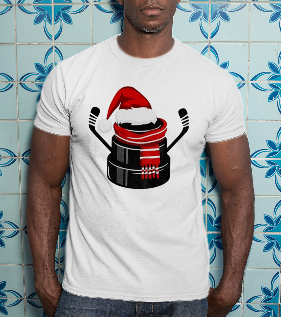 Hockey Puck Santa Hat Merry Christmas Festive Holiday T-Shirt