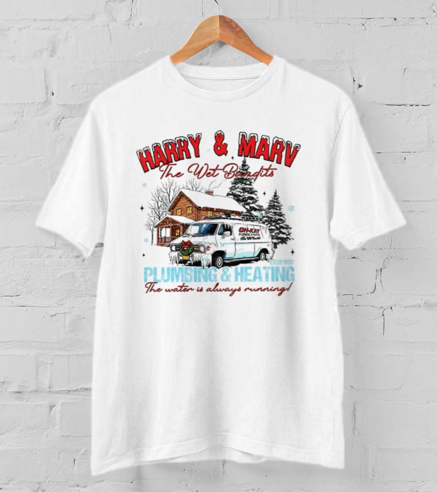 Harry And Marv The Wet Bandits Plumbing And Heating Christmas Winter Cabin Black Van T-Shirt