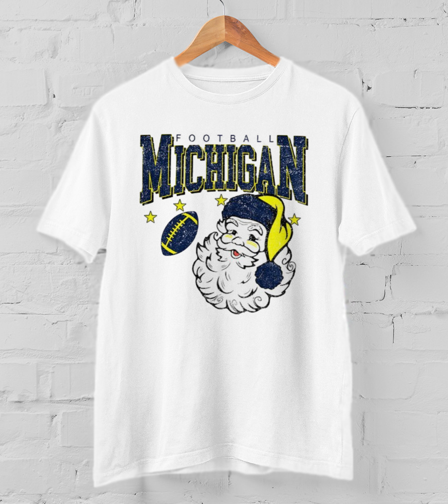 Michigan Wolverines Football Christmas Santa With Stars And Football Design T-Shirt