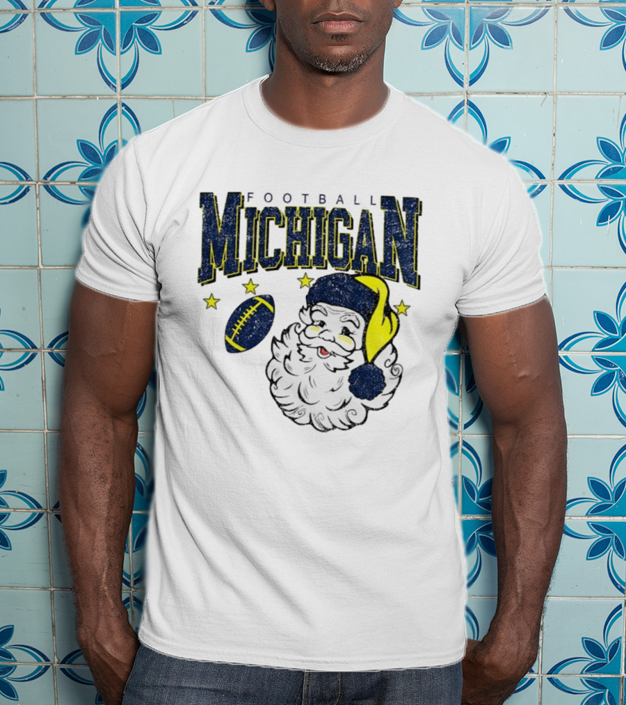 Michigan Wolverines Football Christmas Santa With Stars And Football Design T-Shirt