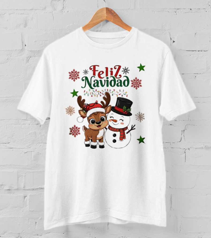 Feliz Navidad Christmas Reindeer And Snowman Holiday Theme T-Shirt