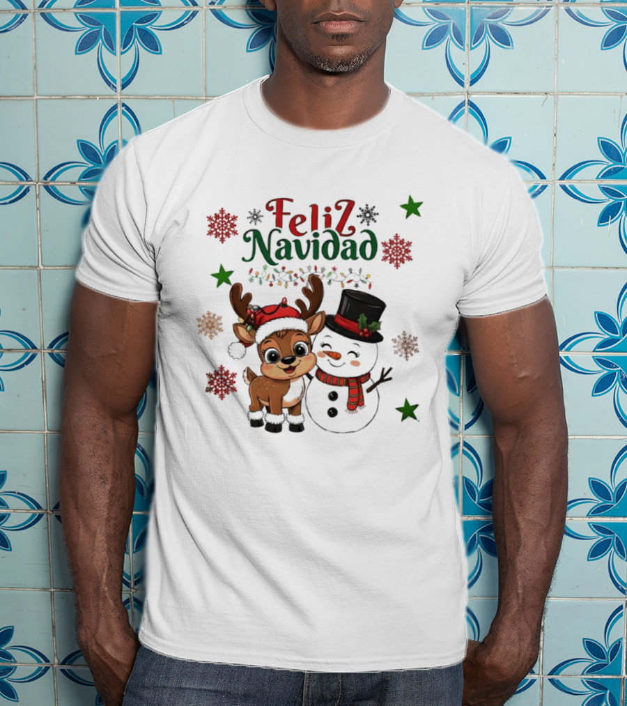 Feliz Navidad Christmas Reindeer And Snowman Holiday Theme T-Shirt