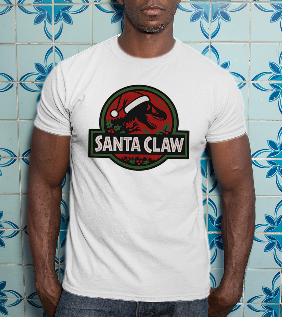 Santa Claw Christmas Dinosaur Jurassic Park Santa Hat Holiday T-Shirt