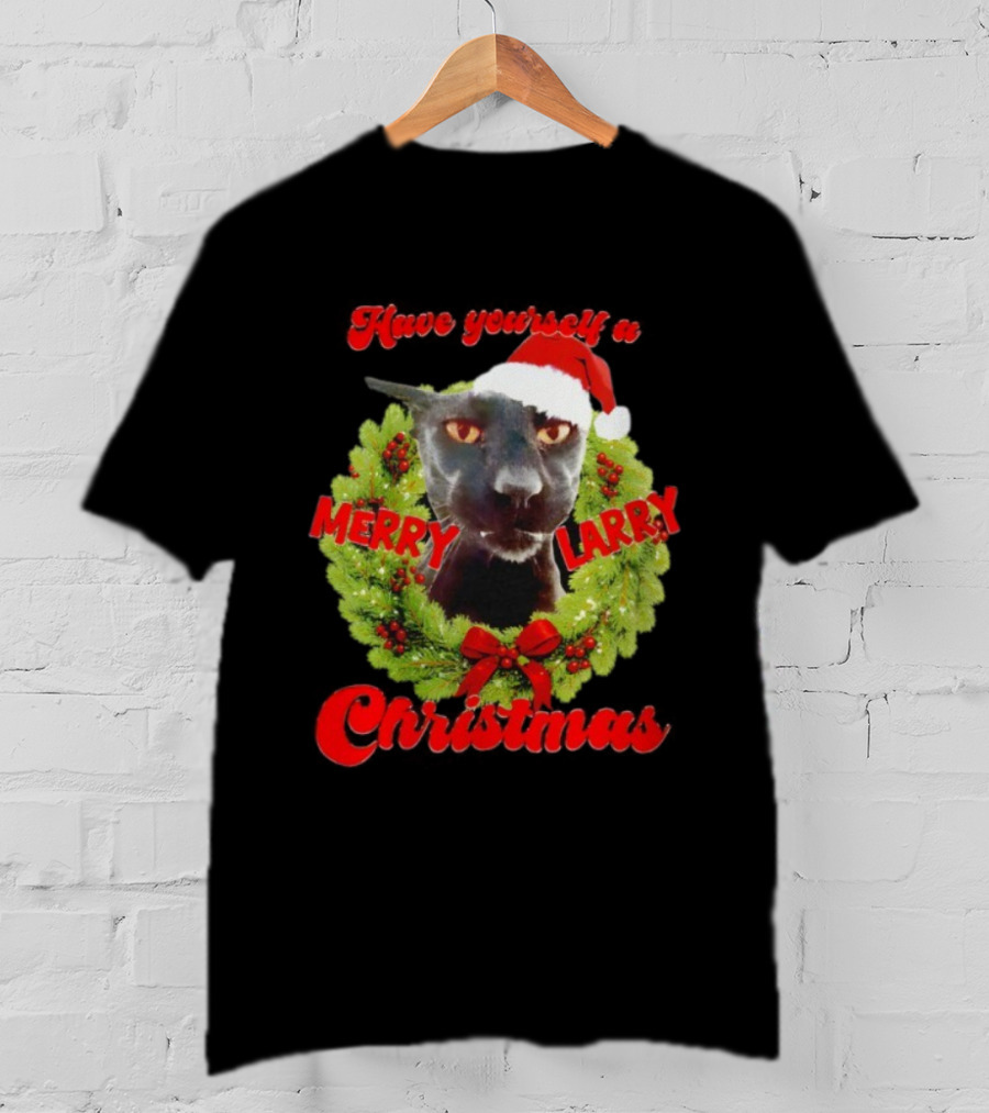 Merry Larry Christmas Black Cat Wreath Santa Hat T-Shirt