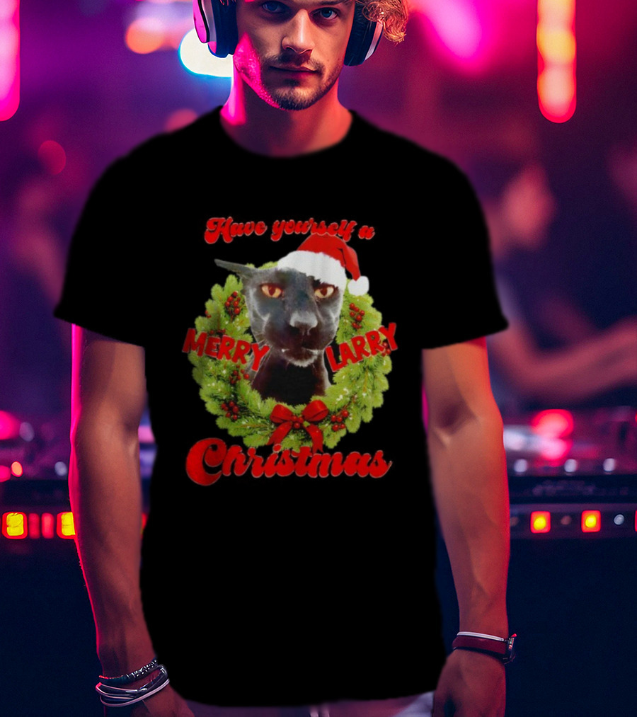 Merry Larry Christmas Black Cat Wreath Santa Hat T-Shirt