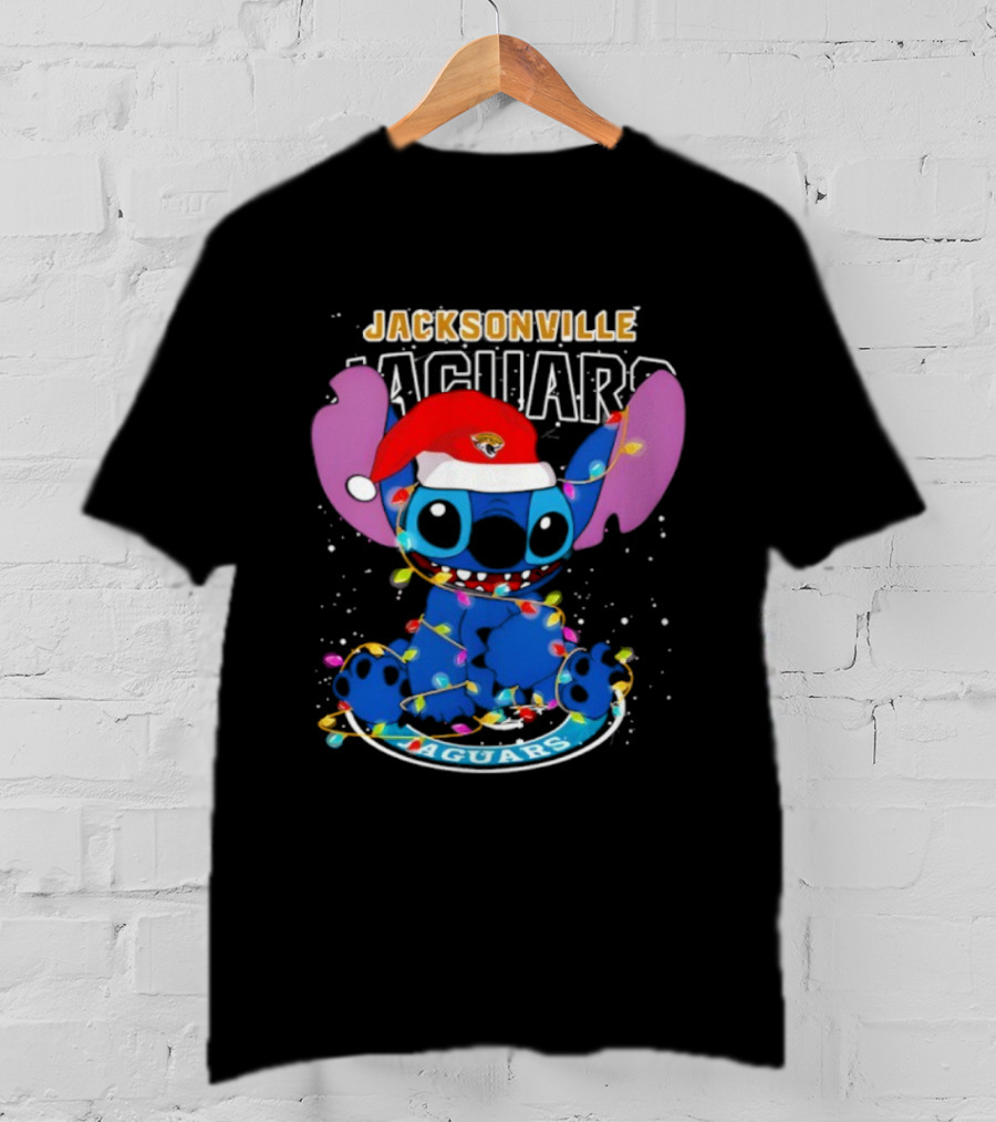 Jacksonville Jaguars Noel Christmas Stitch With Festive Lights And Santa Hat T-Shirt