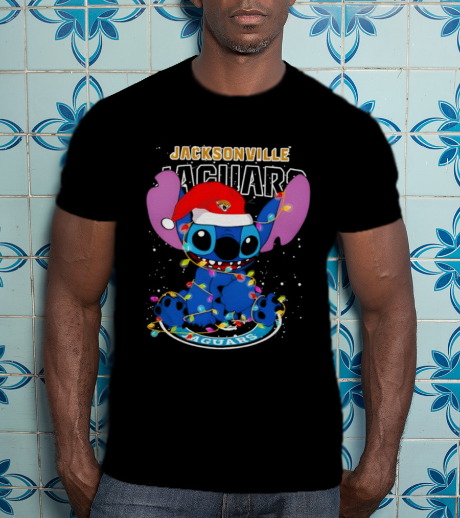 Jacksonville Jaguars Noel Christmas Stitch With Festive Lights And Santa Hat T-Shirt