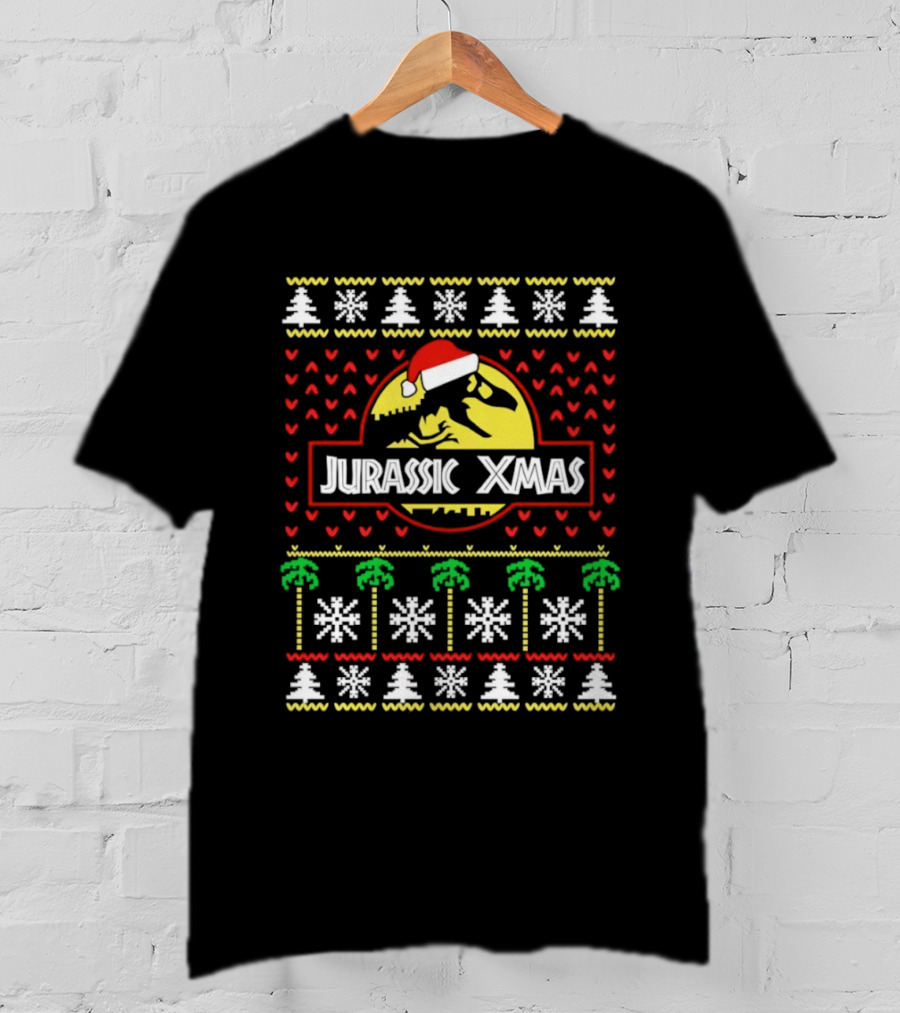 Jurassic Xmas Santa Hat Ugly Christmas Sweater Style T-Shirt