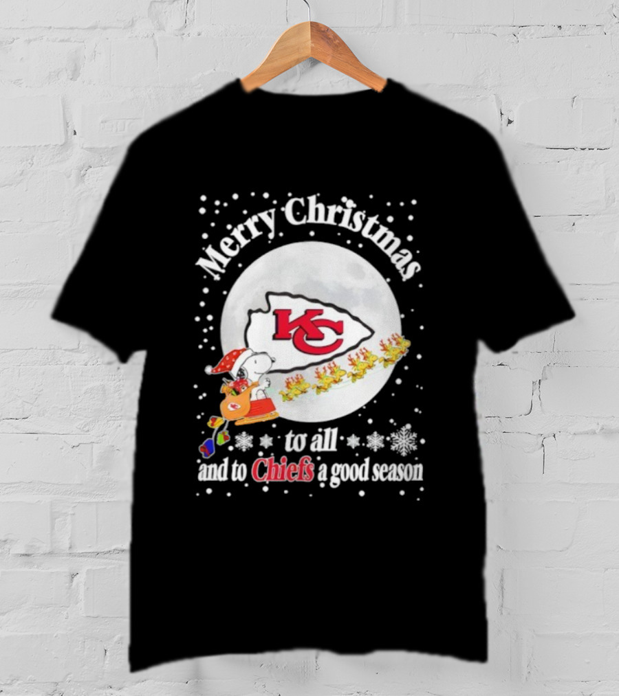 Merry Christmas Kansas City Chiefs To All And To Chiefs A Good Season Snoopy Santa Reindeer Sleigh T-Shirt