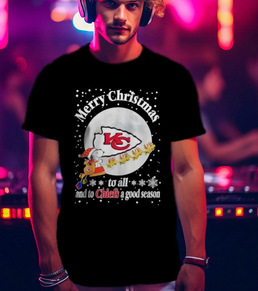 Merry Christmas Kansas City Chiefs To All And To Chiefs A Good Season Snoopy Santa Reindeer Sleigh T-Shirt
