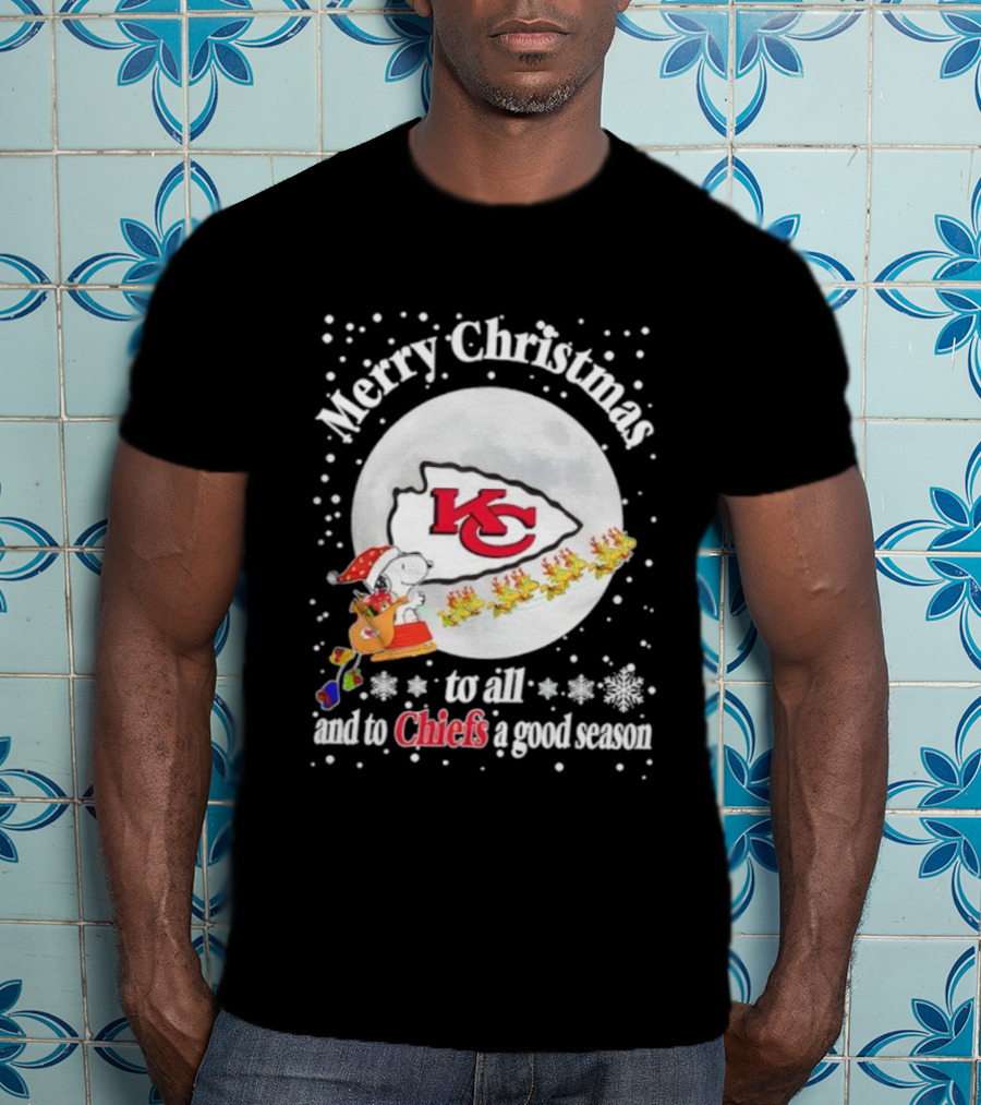 Merry Christmas Kansas City Chiefs To All And To Chiefs A Good Season Snoopy Santa Reindeer Sleigh T-Shirt