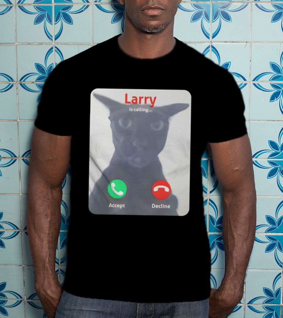 Larry Is Calling Accept Decline Black Cat Face Meme T-Shirt