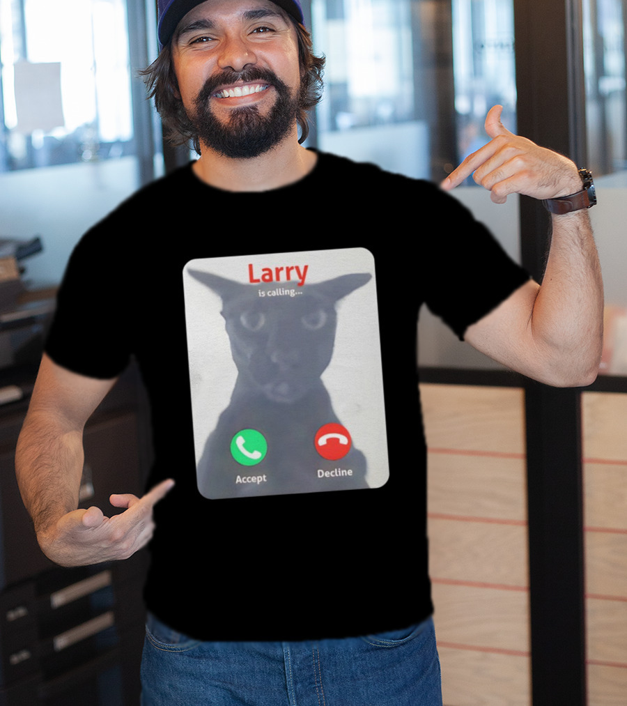 Larry Is Calling Accept Decline Black Cat Face Meme T-Shirt