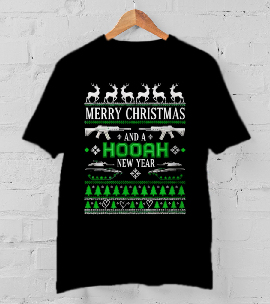 Merry Christmas And A Hooah New Year U.S. Army Tank Rifle Reindeer Trees T-Shirt