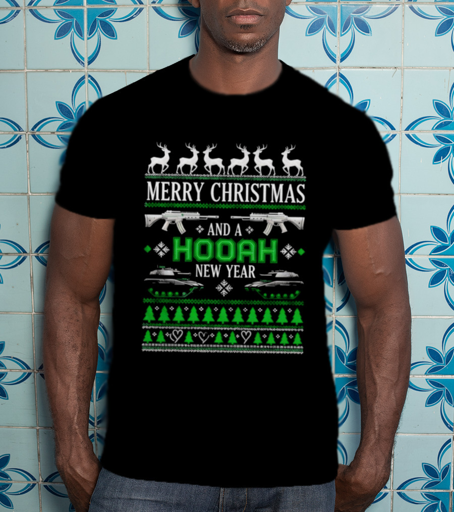 Merry Christmas And A Hooah New Year U.S. Army Tank Rifle Reindeer Trees T-Shirt
