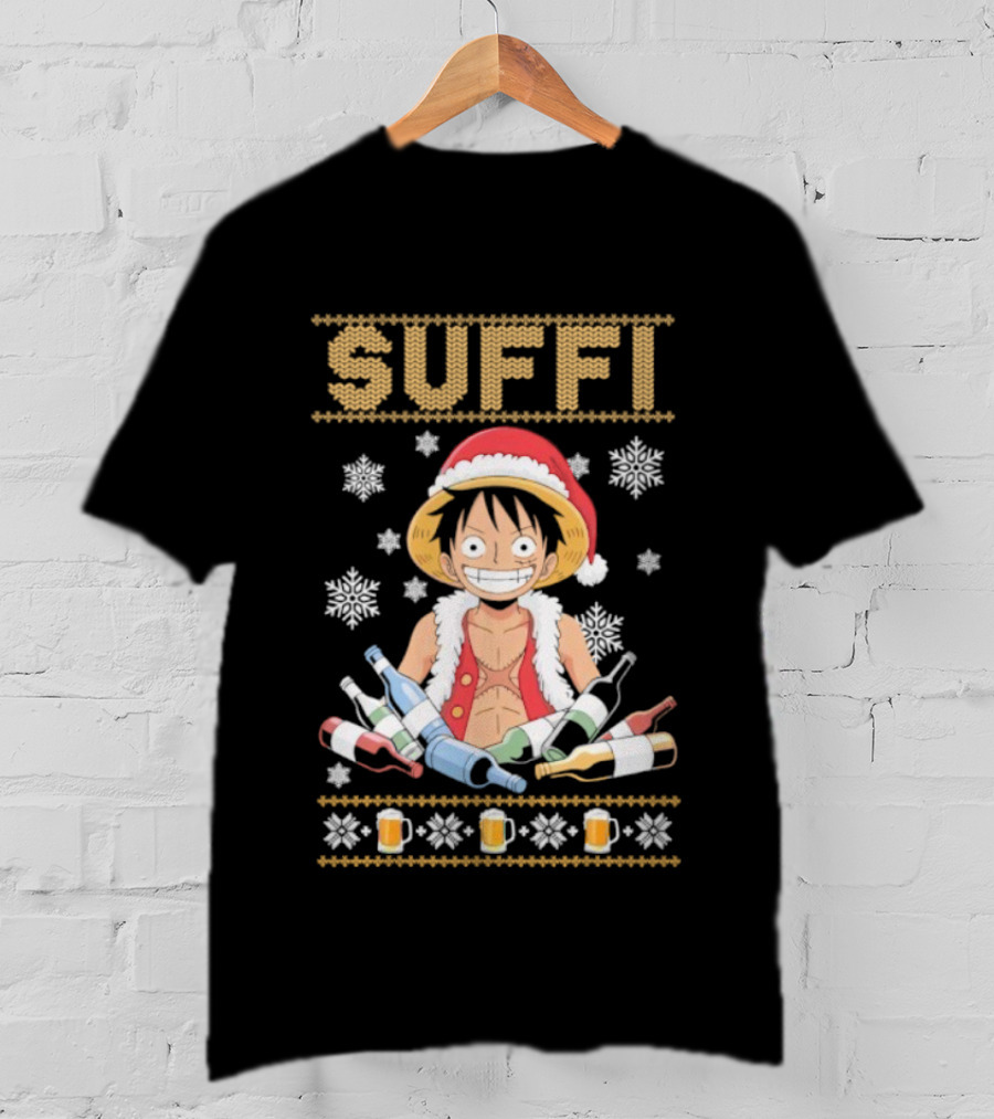 Monkey D. Luffy One Piece Suffi Christmas Santa Hat Beer Bottles Snowflakes T-Shirt