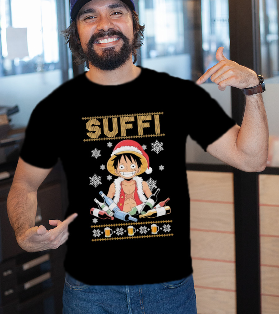 Monkey D. Luffy One Piece Suffi Christmas Santa Hat Beer Bottles Snowflakes T-Shirt