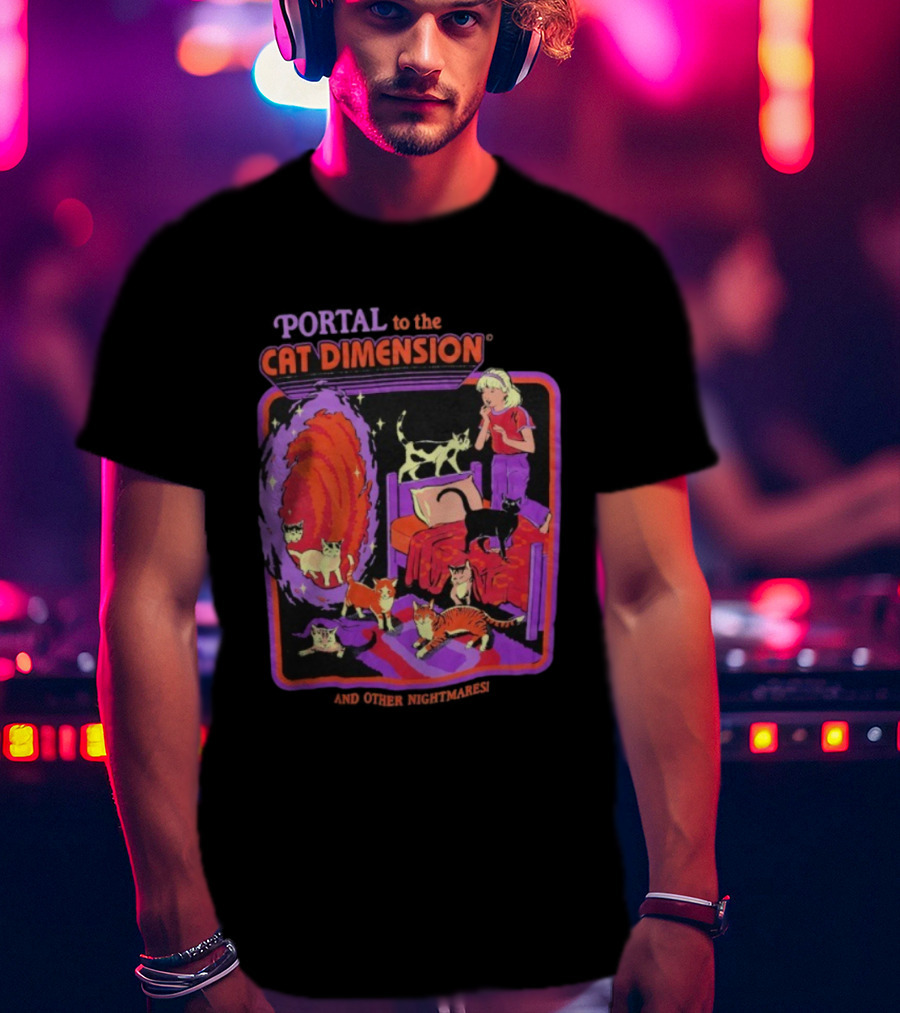 Portal To The Cat Dimension Vintage Nightmare Scene With Cats And Bed T-Shirt