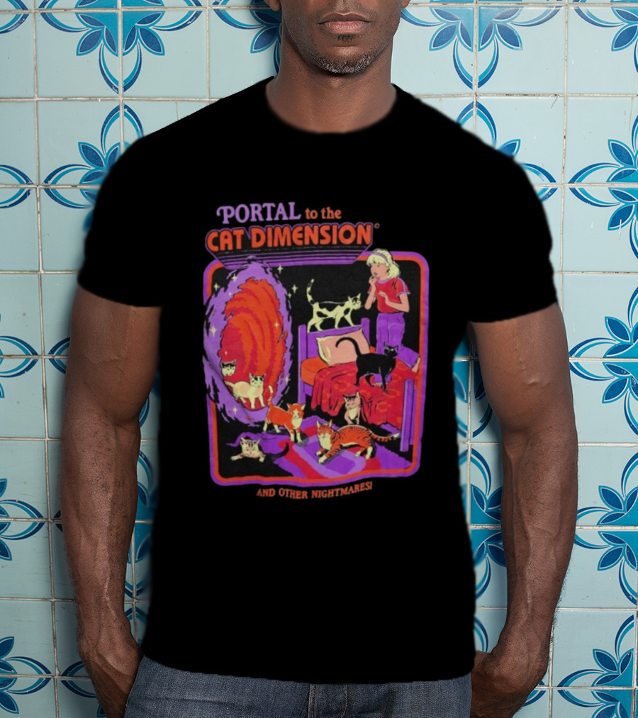 Portal To The Cat Dimension Vintage Nightmare Scene With Cats And Bed T-Shirt